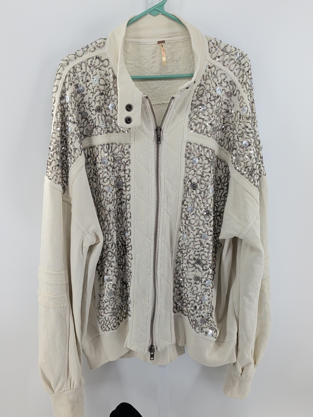 Free People Cream Embellished Zip Bomber Jacket